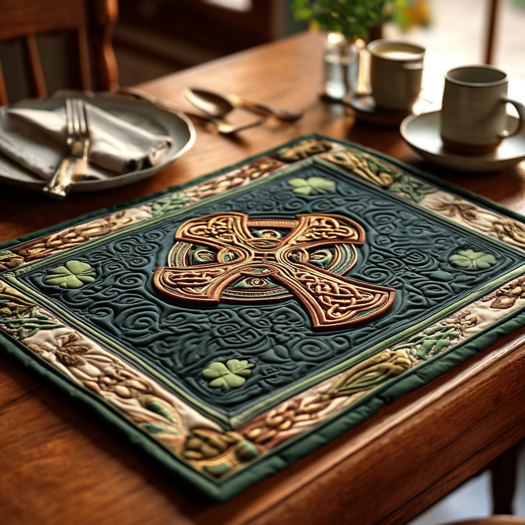 Celtic Cross quilted placemats – bronze Celtic cross on green