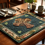 Celtic Cross quilted placemats – bronze Celtic cross on green