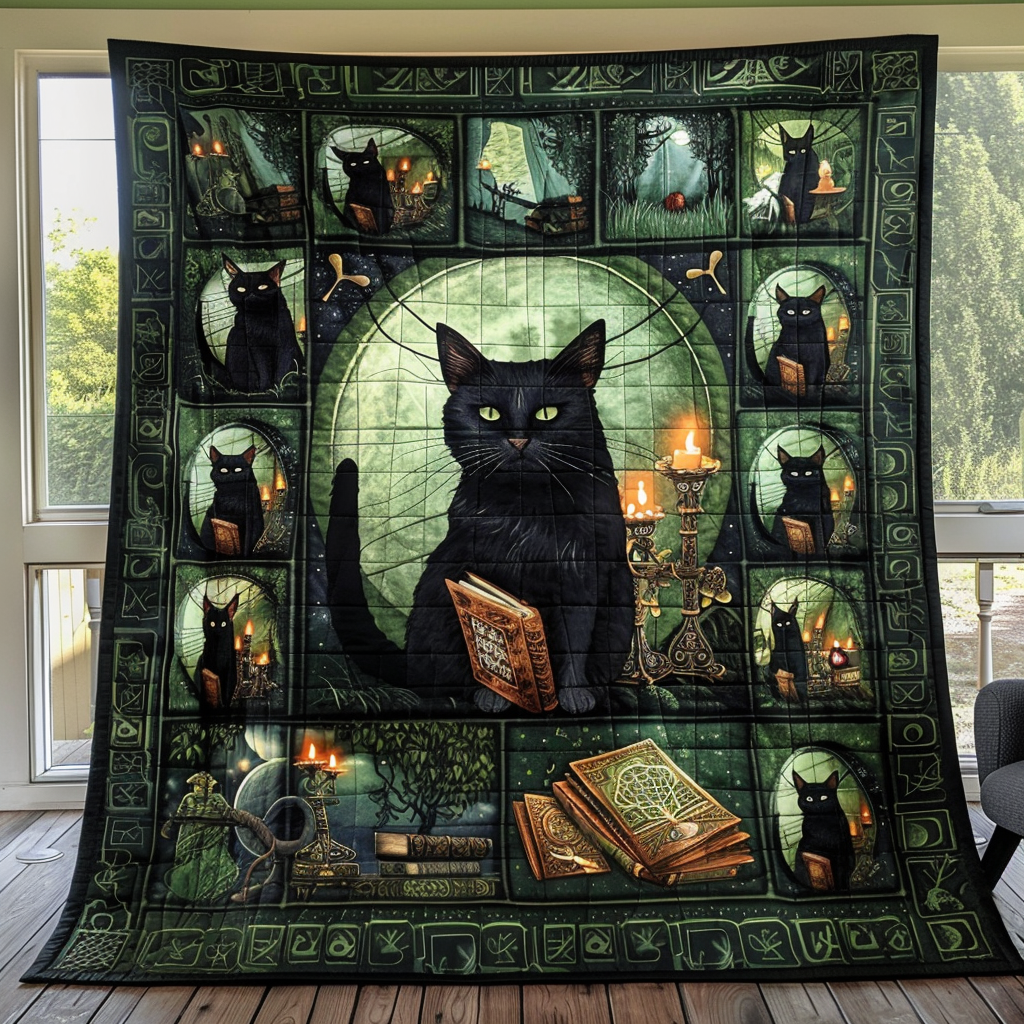 Black Cat Library quilted throw – black cat with candles and books