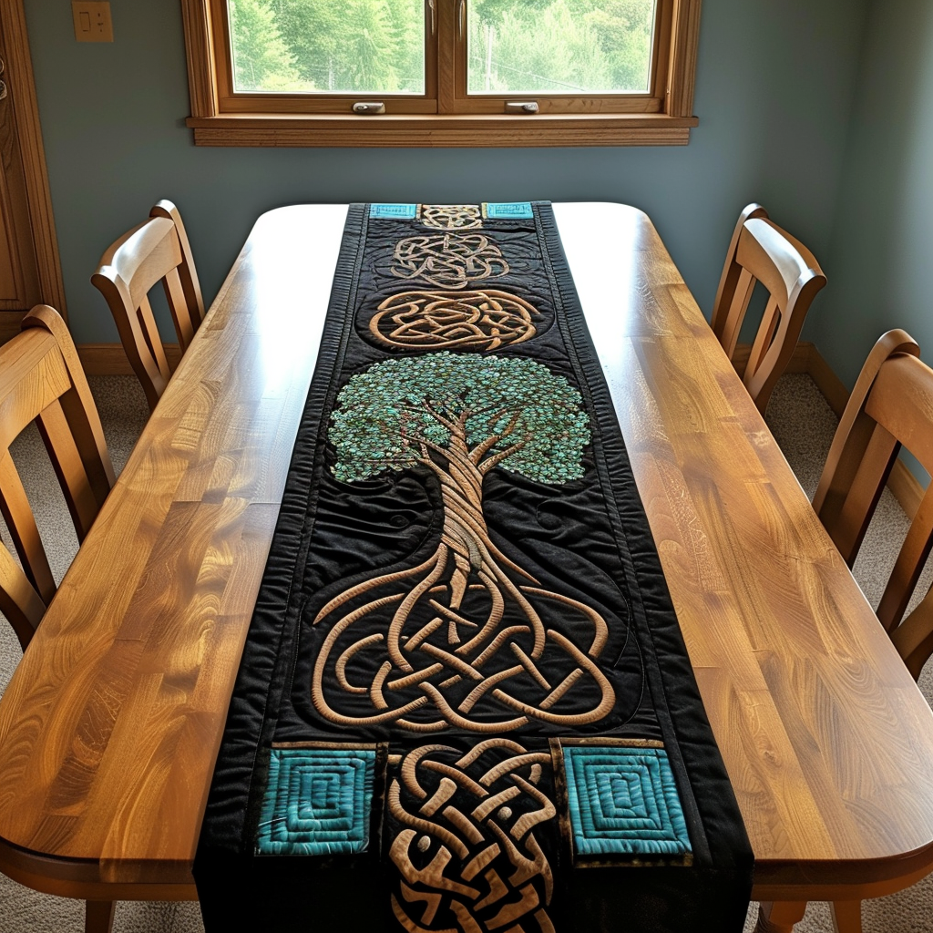 Celtic Knot Tree quilted table runner – tree with knotted roots on black