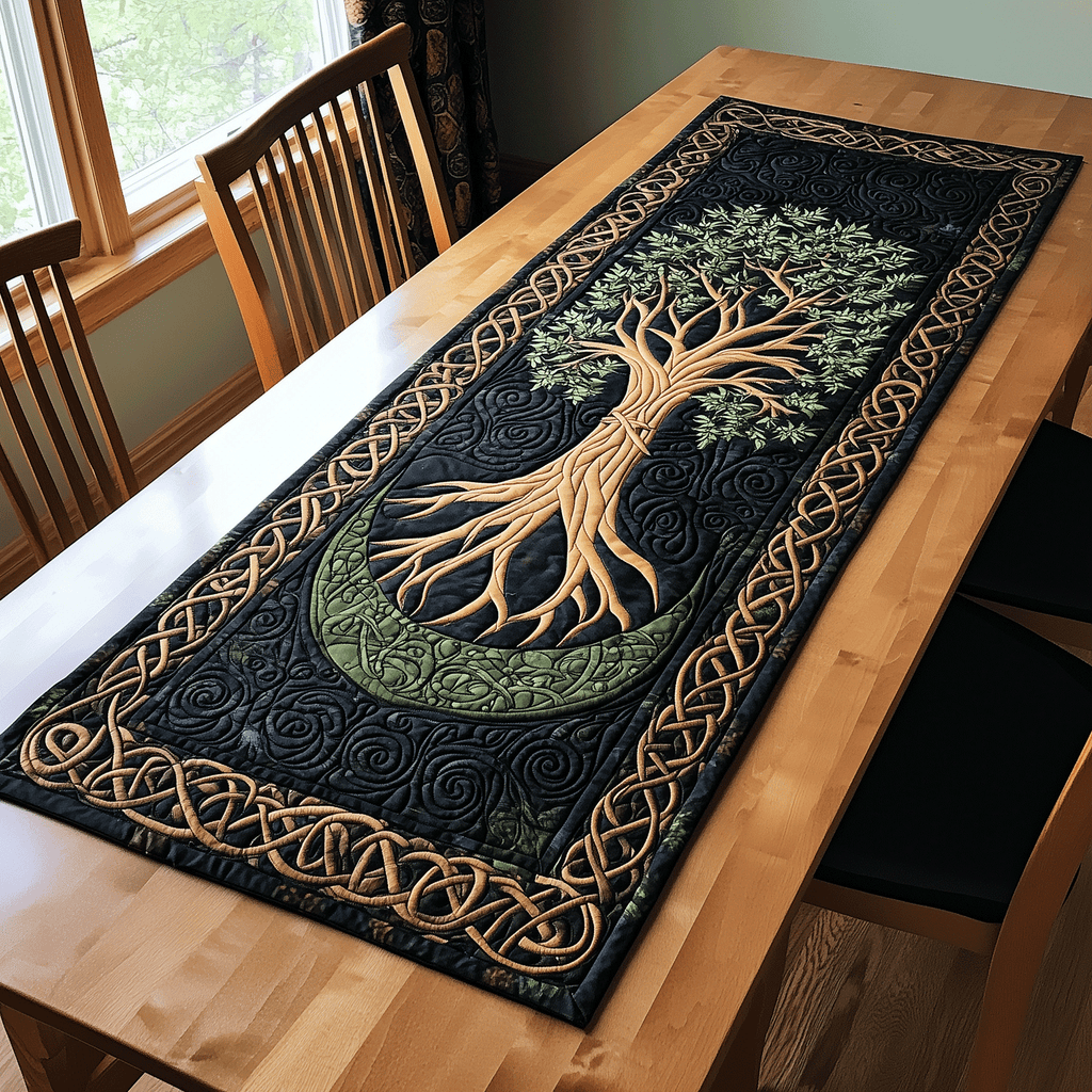 Golden Tree of Life quilted table runner – golden tree of life on black