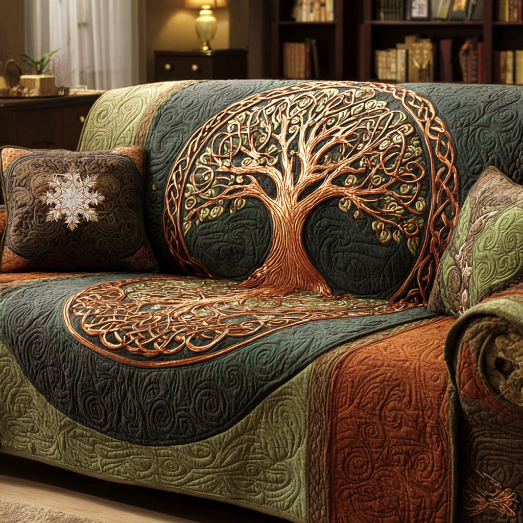 Ancient Bloom quilted sofa cover with a copper Tree of Life inside a Celtic knot ring on deep forest green