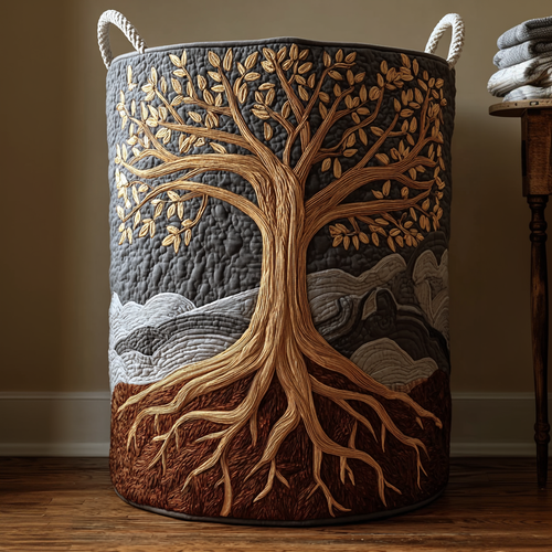 Quilted laundry basket with an Ancient Grove design of a broad heavy-boughed tree in bronze and olive with layered leaves and a furrowed trunk, with wave stitching and carry handles