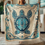 Ornate Sea Turtle woven sofa throw – ornate blue sea turtle on cream