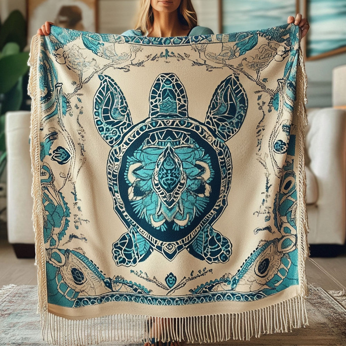 Ornate Sea Turtle woven sofa throw – ornate blue sea turtle on cream