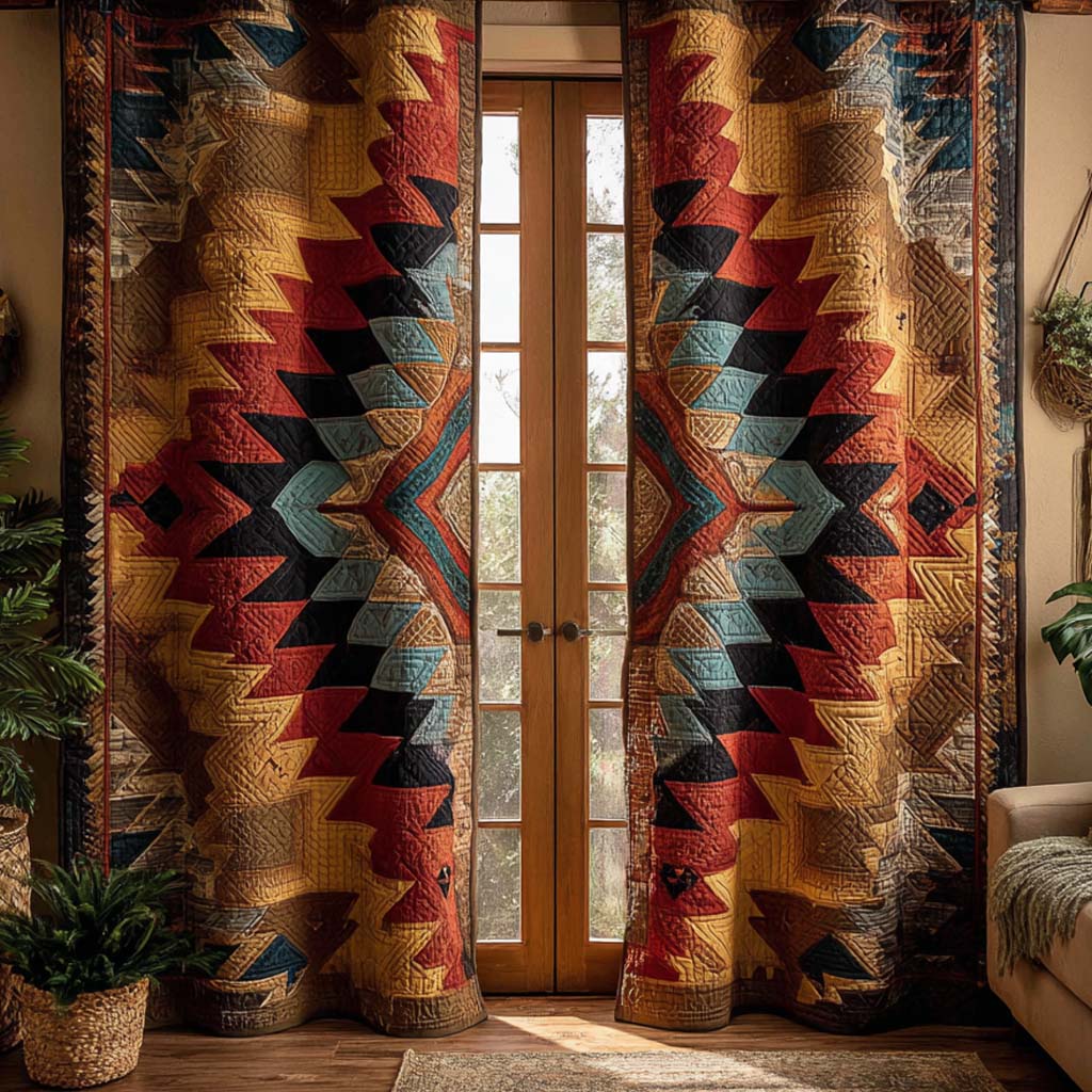 Kilim Diamond quilted curtains – red, teal and gold diamonds
