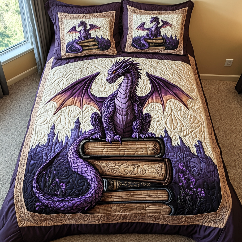 Dragon and Books quilted bedspread set – purple dragon on a stack of books