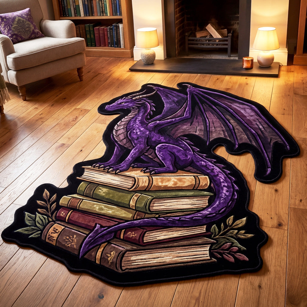Ancient Wisdom Dragon shaped rug – dragon on books shape