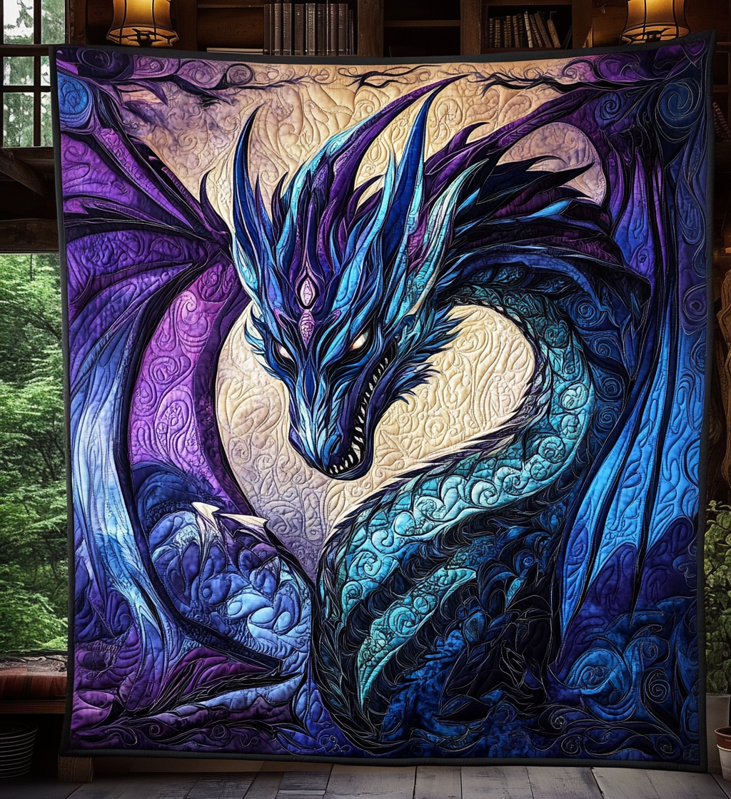 Midnight Blue Dragon quilted throw – blue dragon on violet and indigo