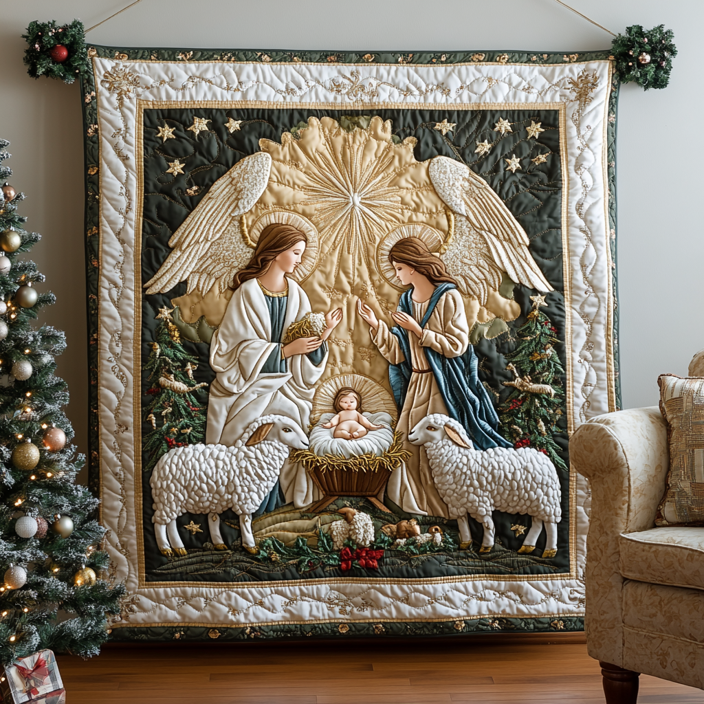 Angels and the Manger quilted throw – angels watching over the manger with sheep