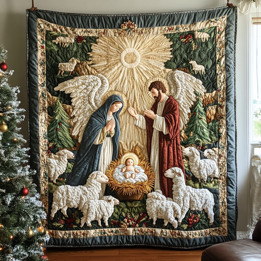 Holy Night Nativity quilted throw – nativity beneath a radiant star