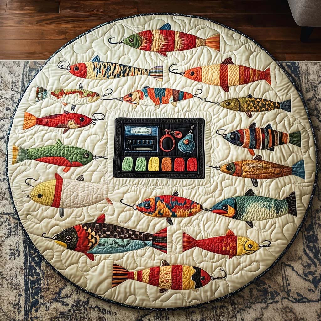 Angler Catch round quilted mat – fish and tackle