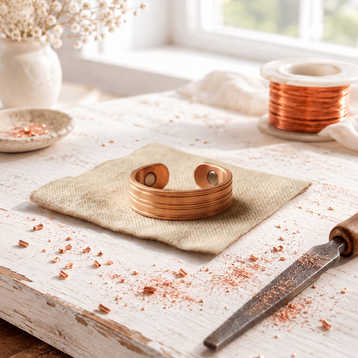 Magnetic copper ring with three grooves around a wide band