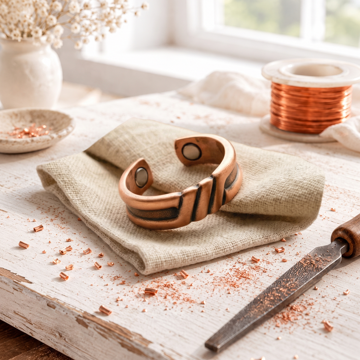 Magnetic copper ring with bold diagonal grooves