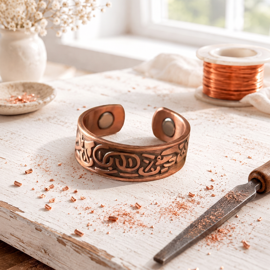 Wide magnetic copper ring with raised Celtic-style scrollwork