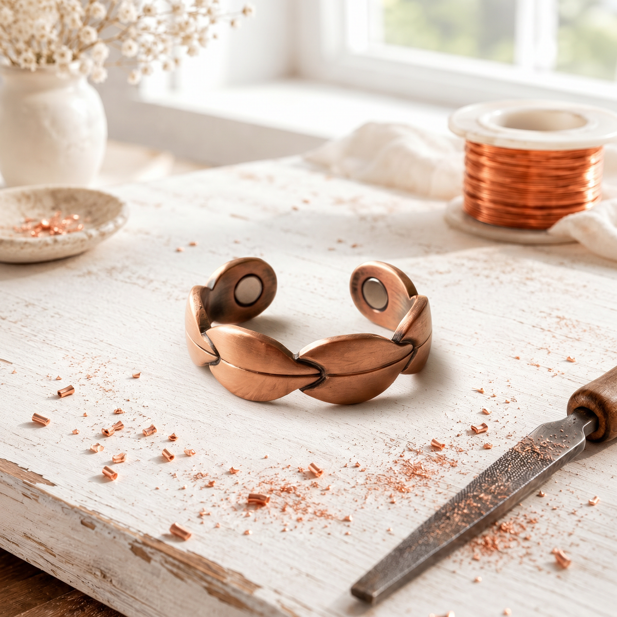 Magnetic copper ring made of linked copper leaves
