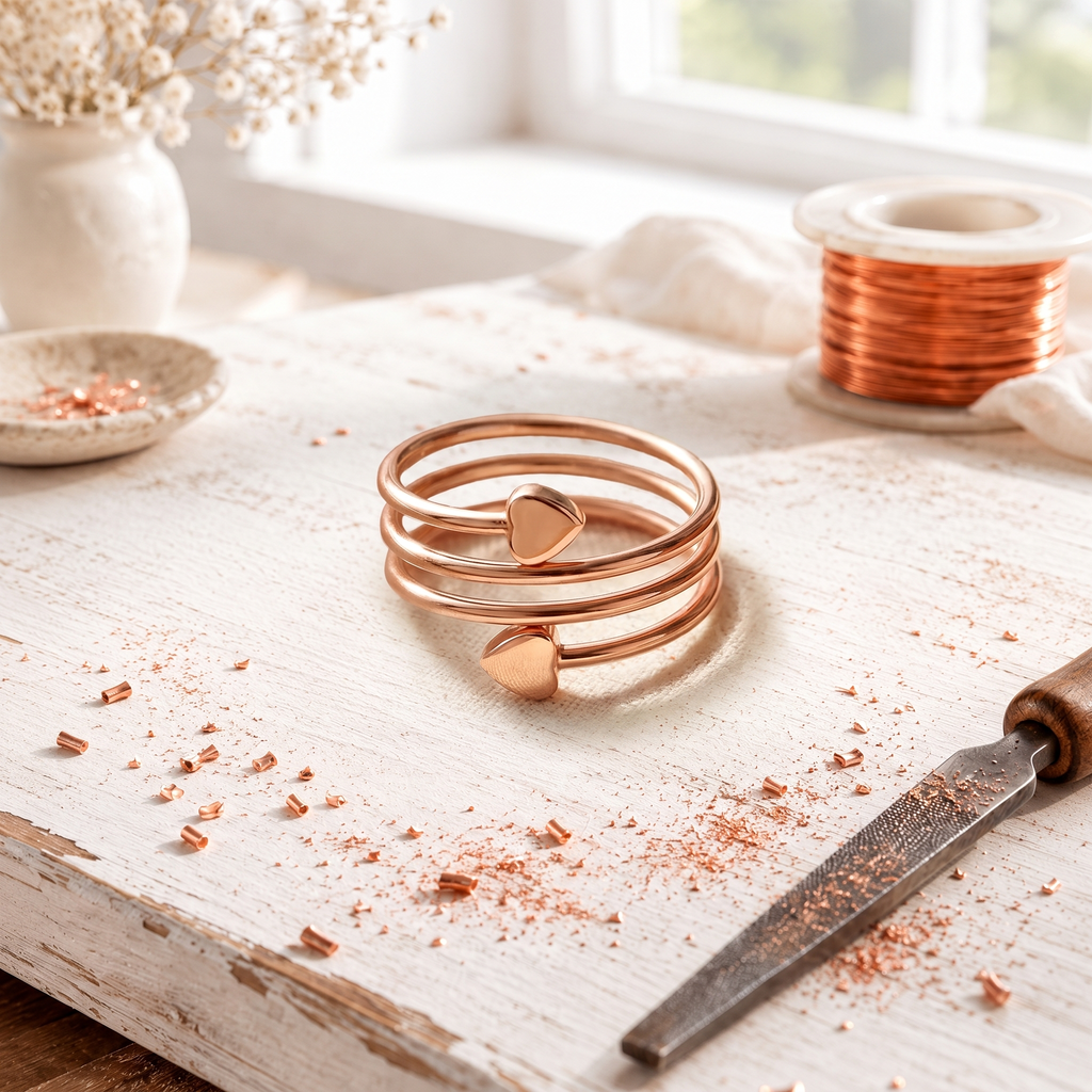 Copper coil ring with four wrapped bands and a small heart at each end