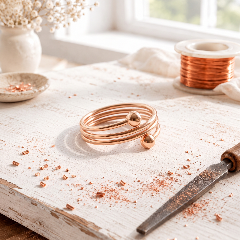 Copper coil wrap ring with a round bead at each end