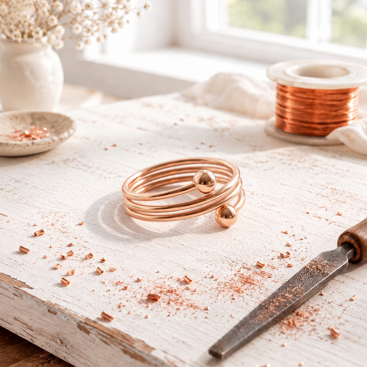 Copper coil wrap ring with a round bead at each end