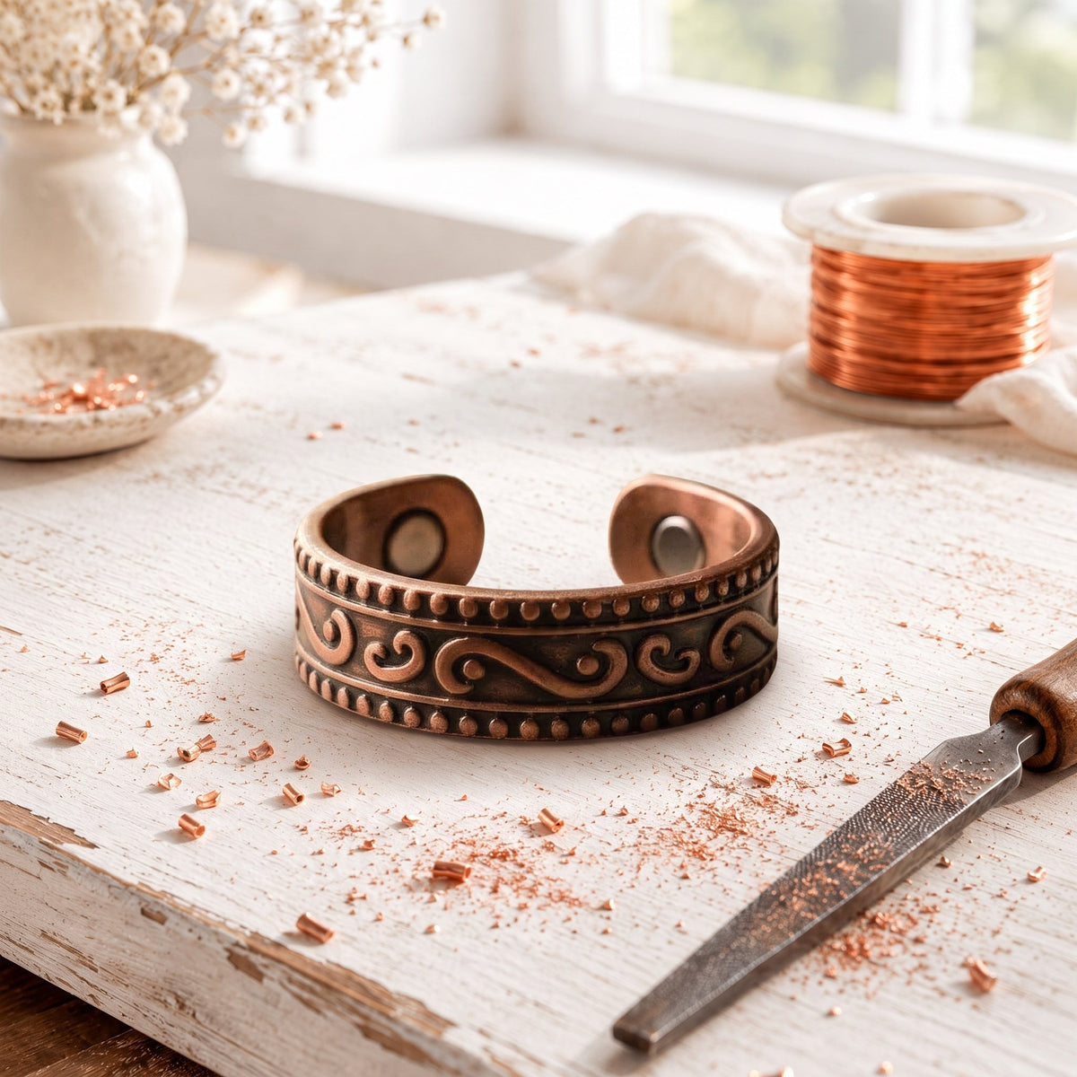 Wide magnetic copper ring with raised scrolls and an antique finish