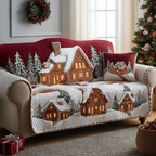 Snowy Chalet Christmas quilted sofa cover – snowy chalets among fir trees