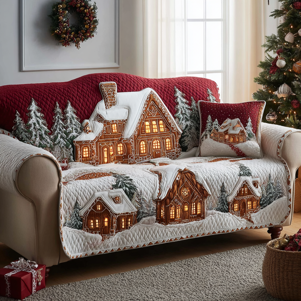 Snowy Chalet Christmas quilted sofa cover – snowy chalets among fir trees