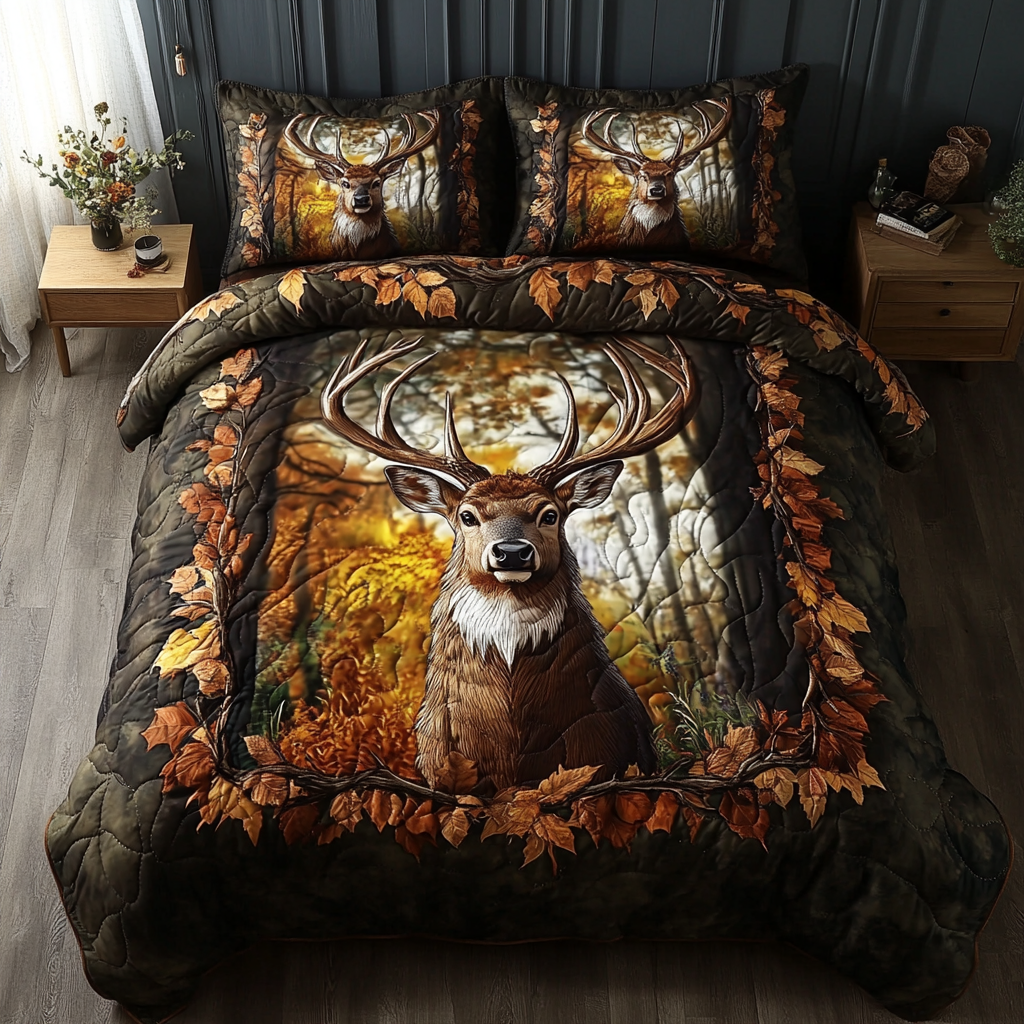 Autumn Stag quilted bedspread set – stag framed by golden autumn leaves