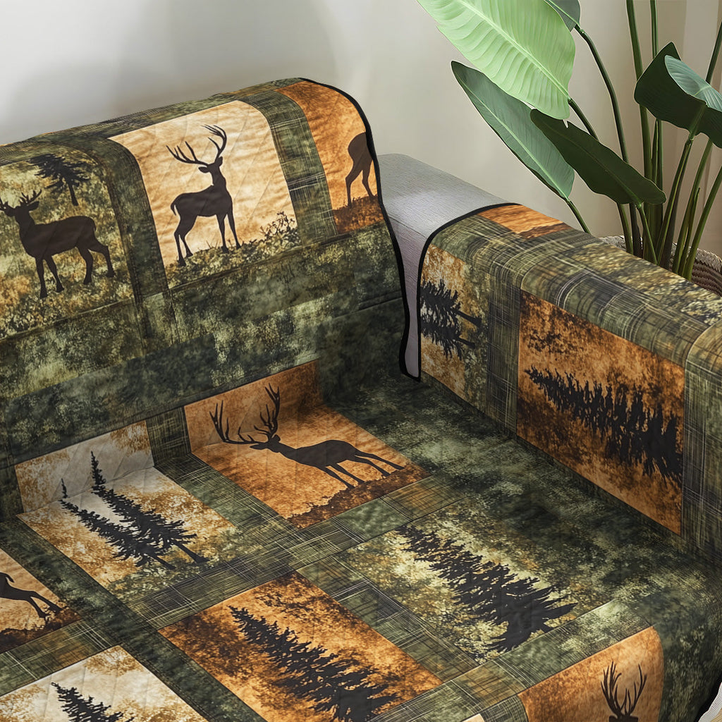 Stag and Pine Patchwork quilted sofa cover – stags and pines in green patchwork
