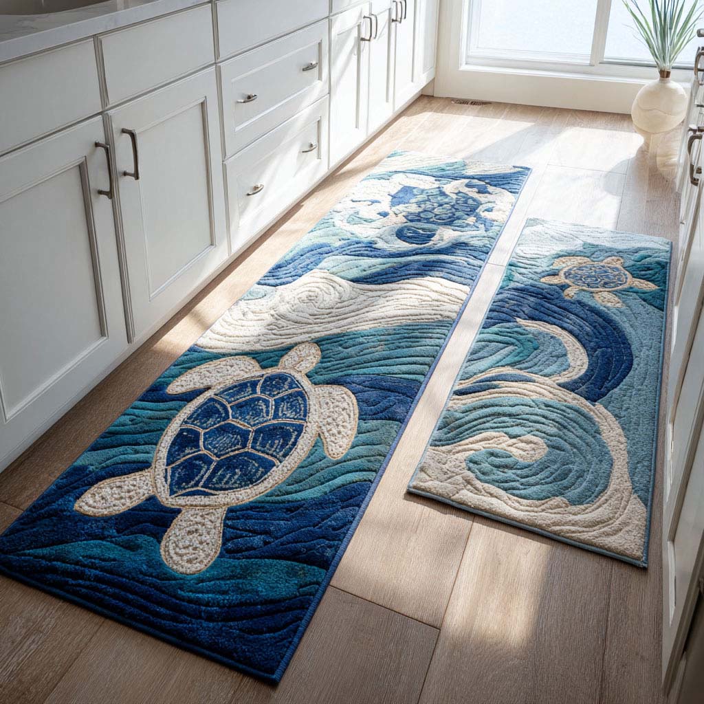 Aqua Serenity kitchen mat set – turtle in blue waves