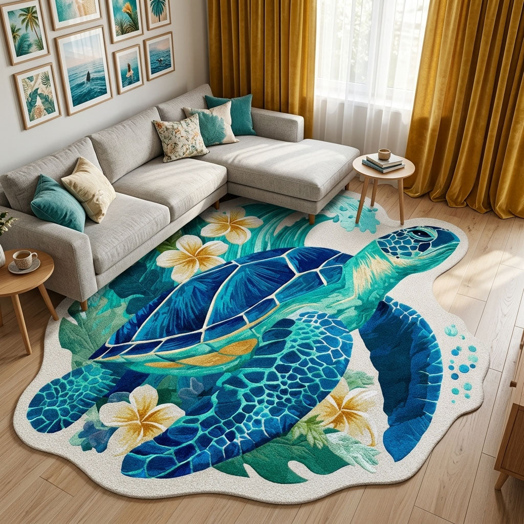 Aqua Journey shaped rug – sea turtle shape