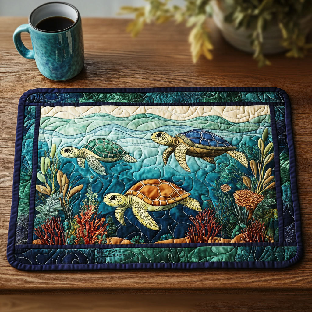Turtle Reef quilted placemats – sea turtles among coral