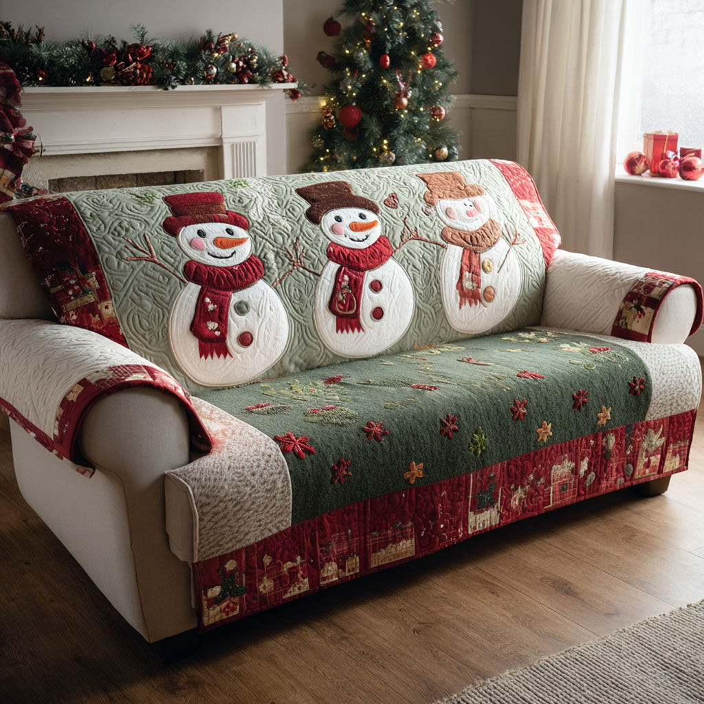 Snowman Trio quilted sofa cover – three snowmen in red scarves