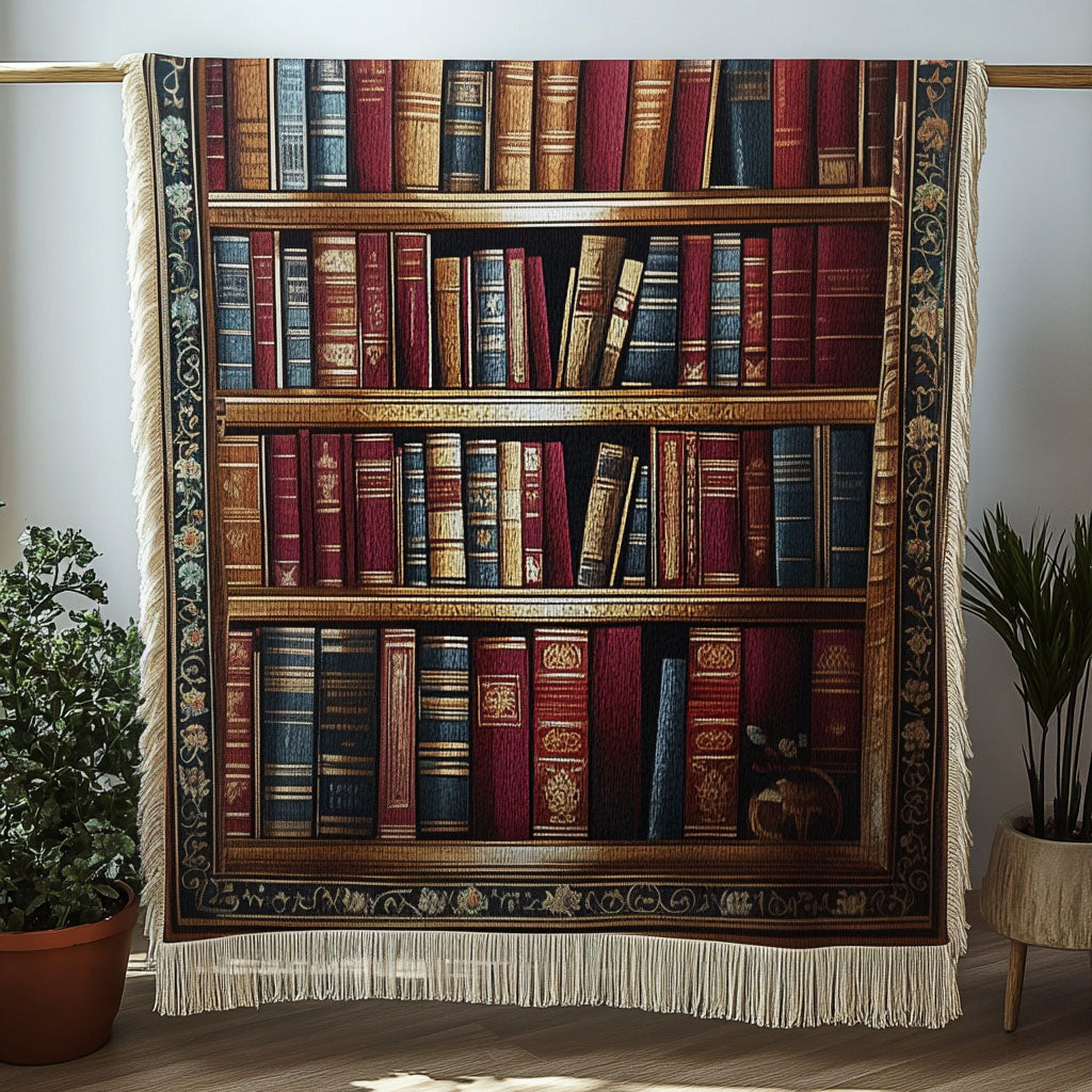 Library Shelves quilted throw – leather-bound books on wooden shelves