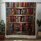 Library Shelves quilted throw – leather-bound books on wooden shelves