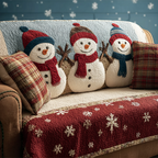 Snowman Friends quilted sofa cover – snowmen in knitted hats with snowflakes