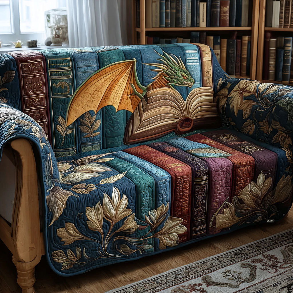 Dragon's Library quilted sofa cover – golden dragon over book spines