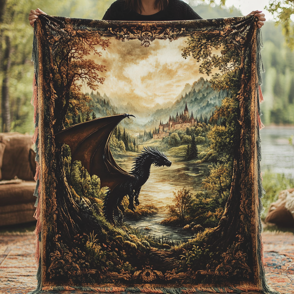 Dragon Valley woven sofa throw – dragon in a golden valley