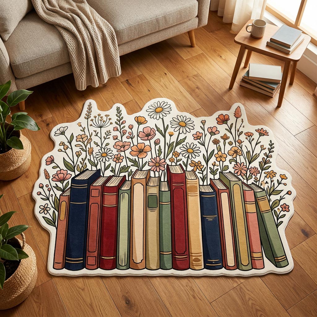 Arcane Magic Books shaped rug – books and wildflowers shape