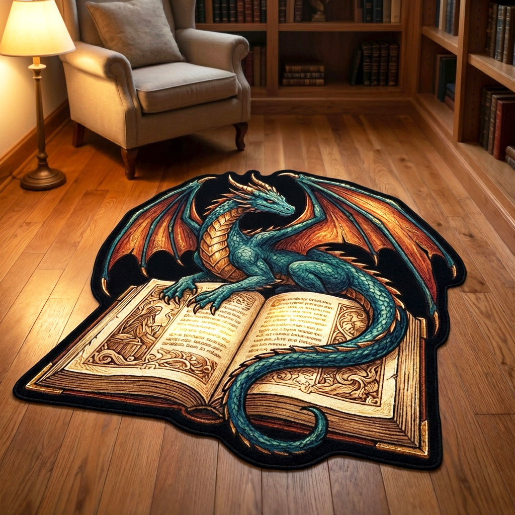 Arcane Reader shaped rug – dragon on open book shape