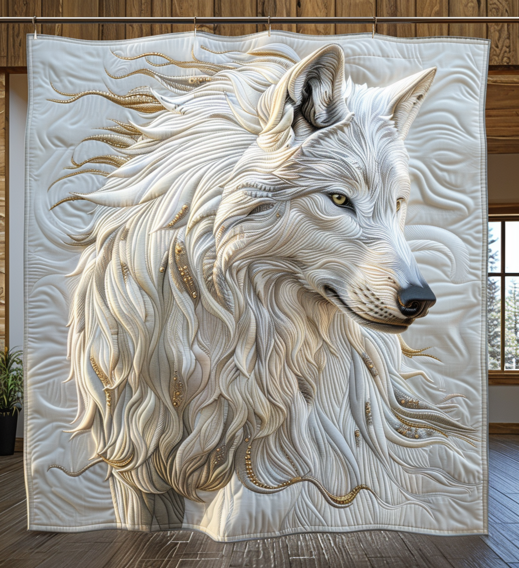 White Wolf quilted throw – white wolf in soft cream