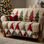 Crimson Gnome Forest quilted sofa cover – red gnomes among Christmas trees
