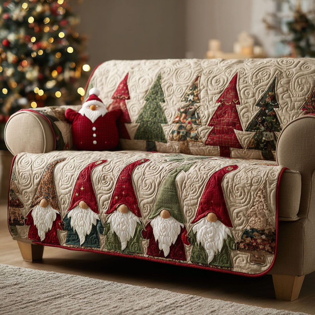 Crimson Gnome Forest quilted sofa cover – red gnomes among Christmas trees