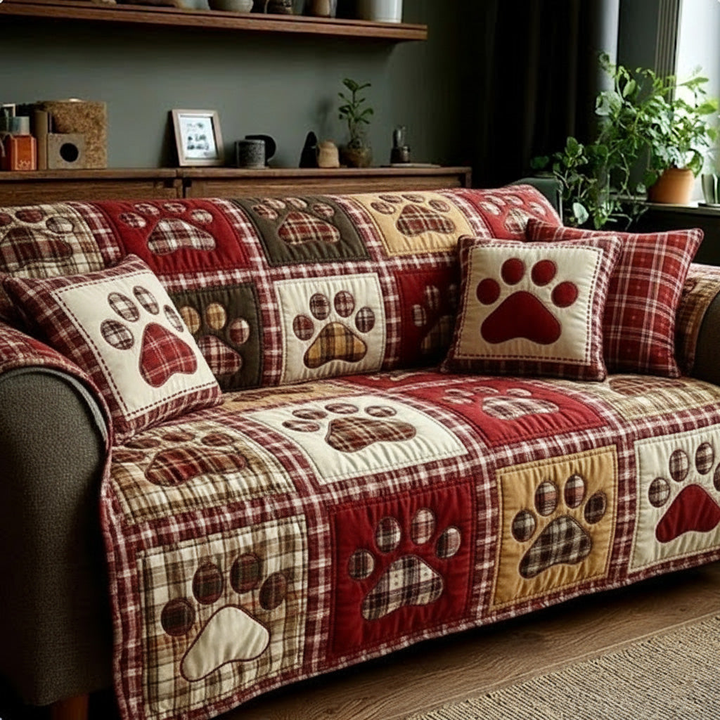 Tartan Paw Prints quilted sofa cover – paw prints with red tartan