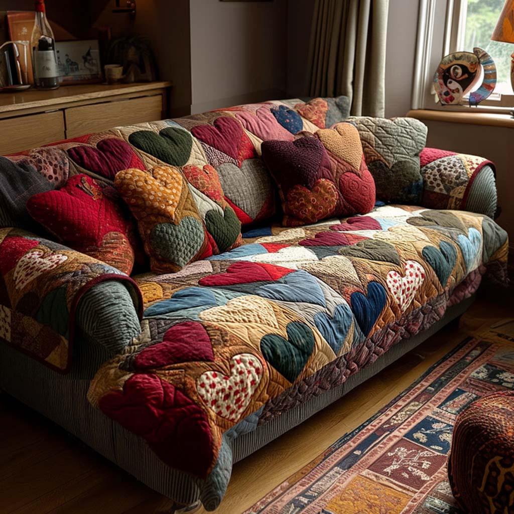 Jewel Heart Patchwork quilted sofa cover – colourful hearts in patchwork