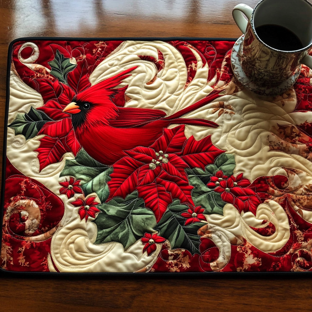 Scarlet Comfort quilted placemats – cardinal and poinsettias
