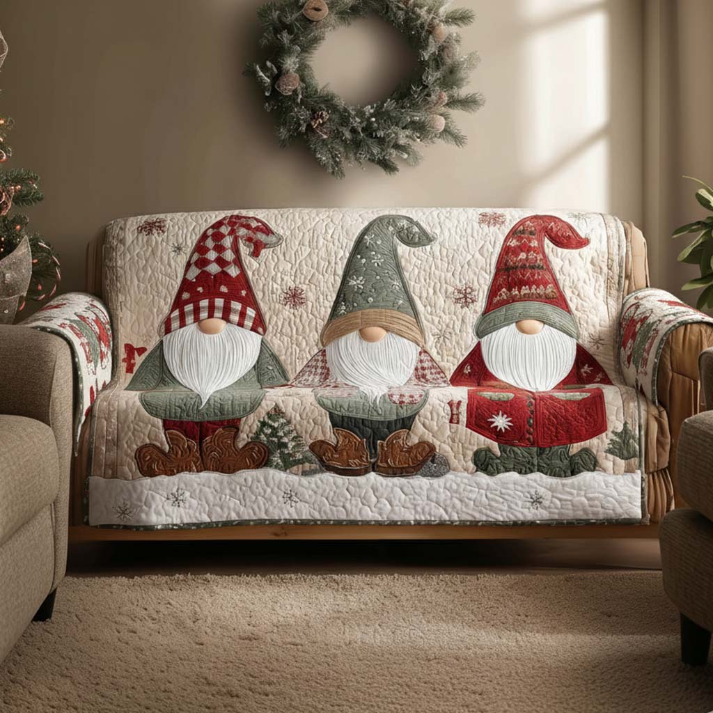Gnome Trio quilted sofa cover – three gnomes on cream