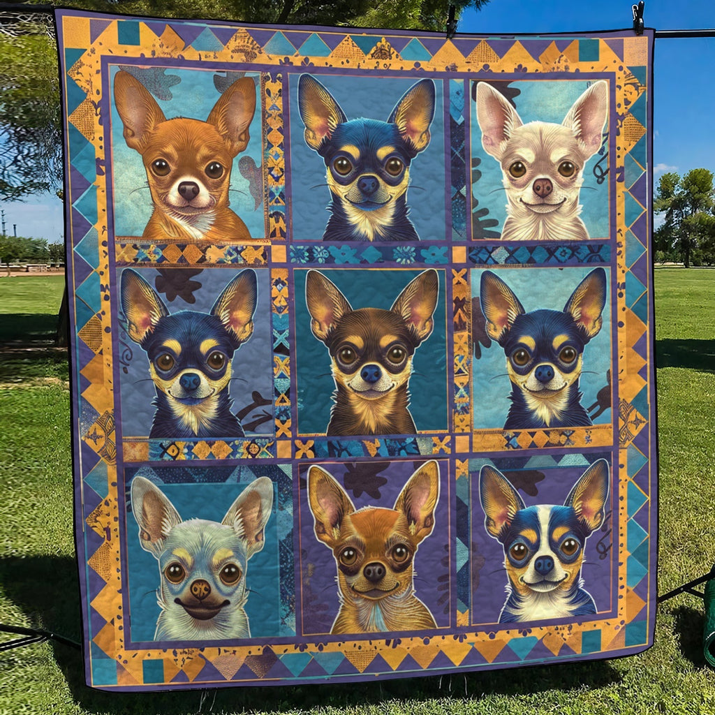 Chihuahua Portraits quilted throw – chihuahua faces in blue squares