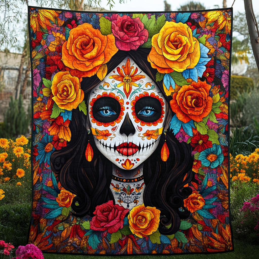 La Catrina Roses quilted throw – sugar-skull lady with a crown of roses