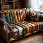 Library Shelves quilted sofa cover – rows of colourful book spines