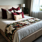 Magnolia on Dark Green quilted bed runner – cream magnolias on deep green